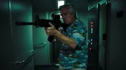Claustrophobic scene from thriller movie, 2019. An old man, dressed in Hawaiian shirt and vacation outfit, advances down a submarine corridor with an assault rifle raised. He is focused and determined. Muted, greenish lighting, somewhat dark, flashing red light in background. Anamorphic 4k shot, using RED camera, outstanding cinematography, directed by David Fincher.