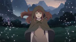 A hand-drawn 2D animation sequence showing a young witch's transformation as she discovers her powers. Begin with the character in a neutral standing pose, then animate her rising off the ground as swirling energy ribbons (deep purples and magentas) spiral around her body over 10 seconds. Her hair and cloak should flow upward dramatically. Use multiple layers (foreground particles, character, mid-ground energy effects, background) to create depth. Light the character with a strong animated rim light that intensifies as the transformation progresses. The color palette should shift from muted earth tones at the start to vibrant, saturated primaries at the peak. Emphasize fluid, organic movement with arcing trajectories. Include hand-painted texture and avoid overly digital smoothness.