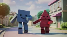 Fun 3D animation, a Blue Cube character and Red Pyramid character, both anthropomorphic with short arms and legs, are dancing together joyfully in a pastel coloured street scene. Educational family-friendly animation in the style of Pixar, Dreamworks or other contemporary 3D animated style.