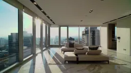 A walkthrough shot of a modern penthouse apartment, warm daylight, empty, architectural promotional video, we see the living/lounge/kitchen area, showcasing open plan living.