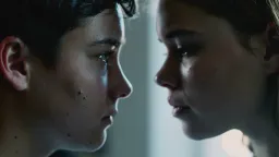 An intimate, handheld close-up capturing two actors' faces during an emotional conversation, framed from the shoulders up with both subjects in profile or three-quarter view. Use a 50mm or 85mm lens wide open (f/1.4-f/2) for shallow depth of field, keeping both faces just within acceptable focus. Light with a large, soft source from camera right (simulating window light), creating gentle falloff across their features with no fill on the shadow side. The camera should have subtle, organic movement—gentle breathing motion, slight reframes—suggesting a documentarian intimacy. Capture micro-expressions, tears forming, the tension of silence. Grade toward desaturated, cool tones (reduce saturation by 30-40%, push toward blue-grey) to emphasize the melancholic mood, with some film grain, sensor noise and other lo-fi touches offering an archival, unprocessed look. Minimize background detail through selective focus.