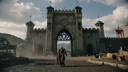Epic film shot, an armoured knight drops to his knees, defeated, exhausted, viewed from behind, camera pushing in, from historical epic movie, low camera angle.