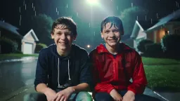 Two male teenagers sitting on a curb in American suburbia. They're laughing happily to themselves. it's a night scene with bright moonlight, it's raining heavily, torrential and they are soaked. Static camera.