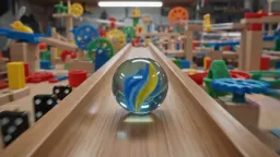 A marble rolling fast on a chain reaction style track, continuous smooth shot.