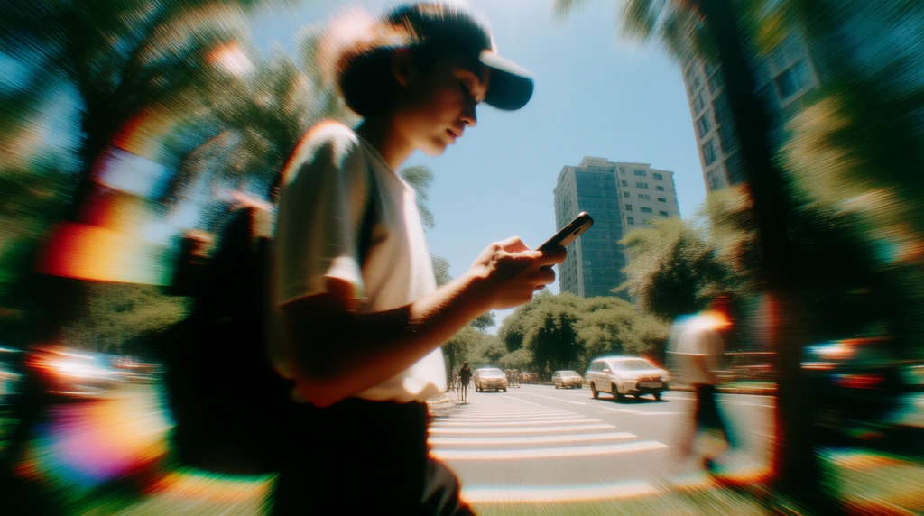 Person walking while texting to create on Krea mobile