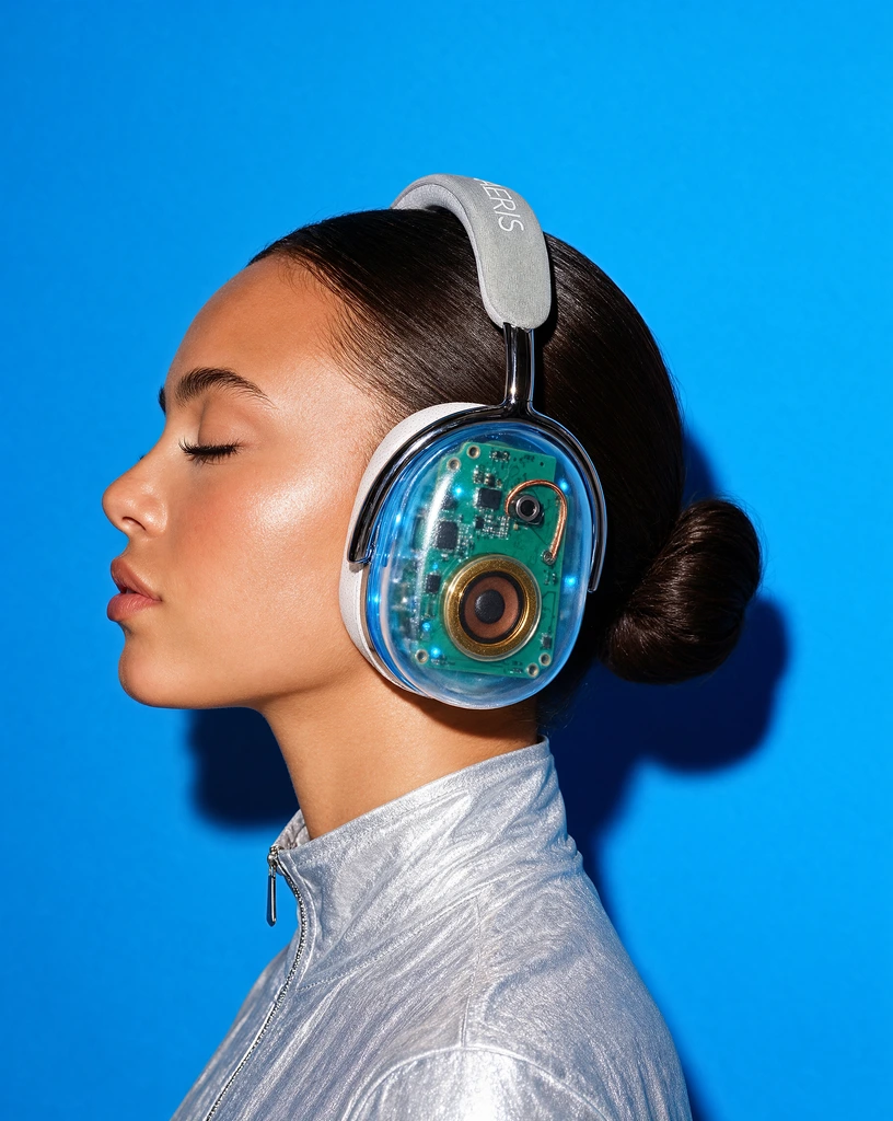Portrait of a model wearing clear blue headphones