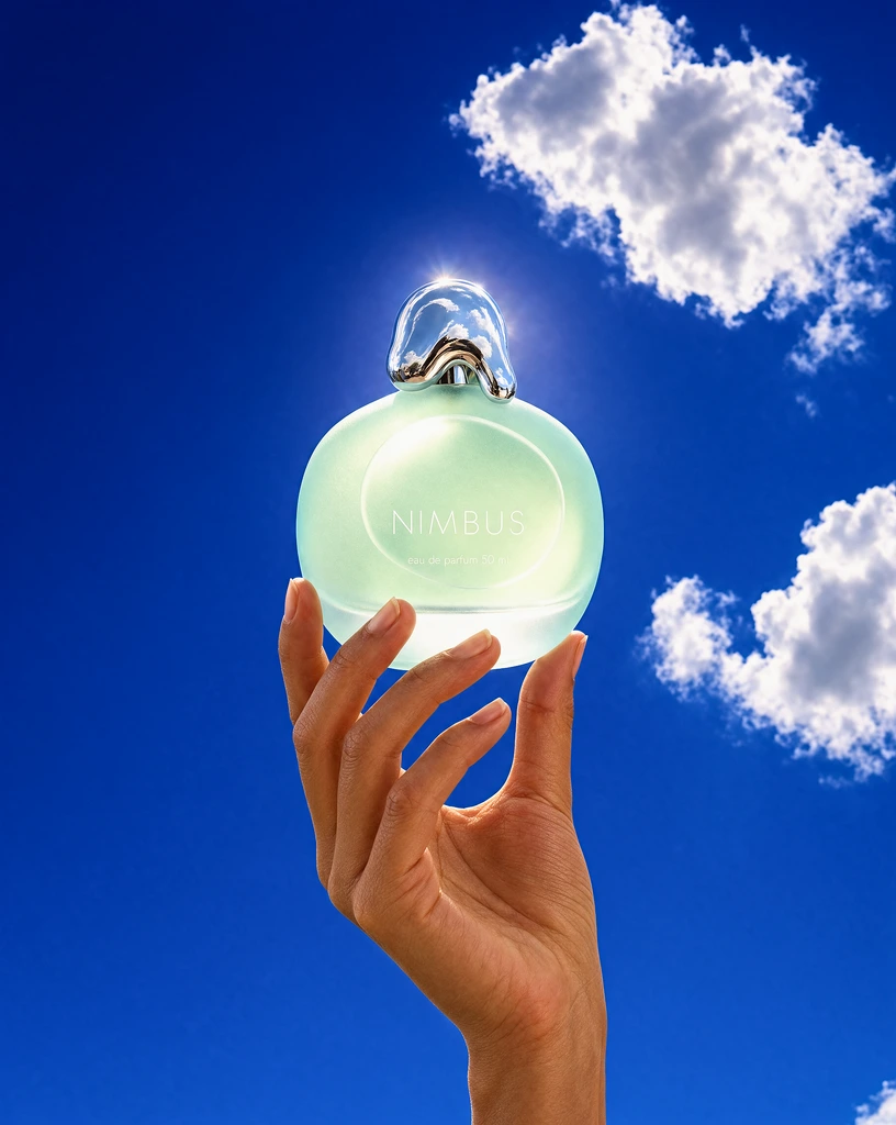 Perfume bottle held up to a blue sky