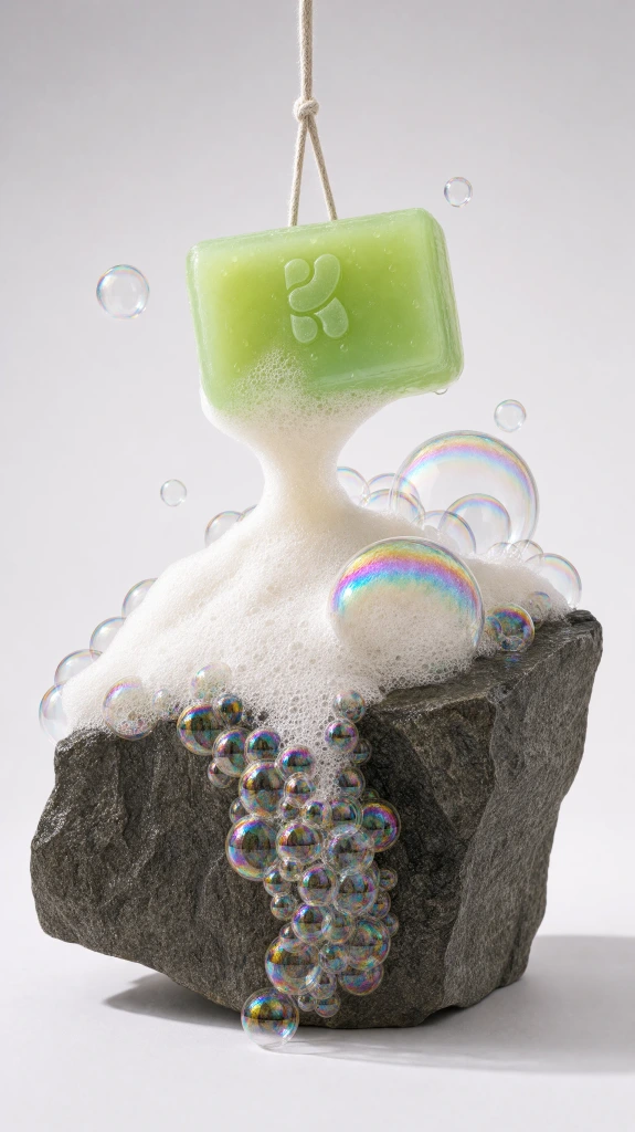 Green soap bar on foam and stone