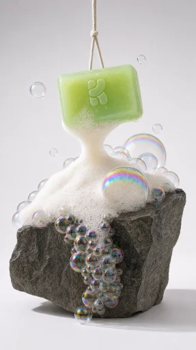 Green soap bar on foam and stone