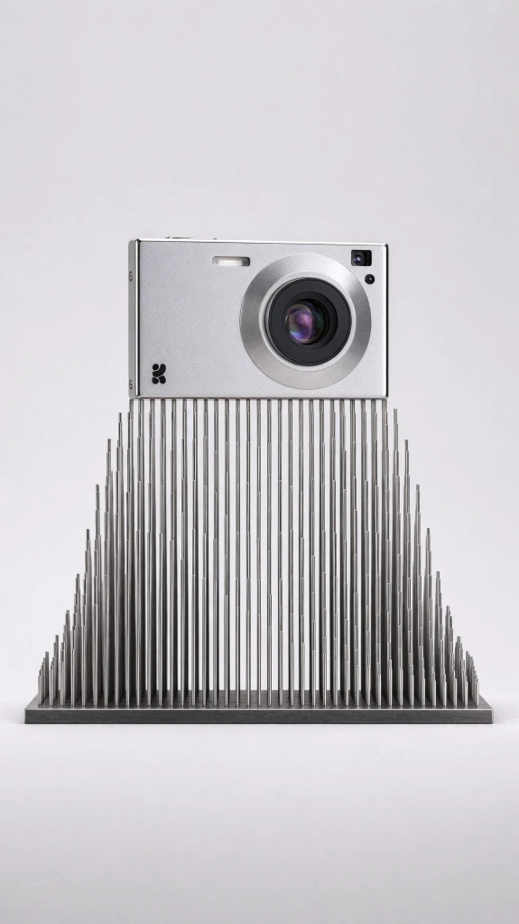 Silver camera on a ribbed plinth