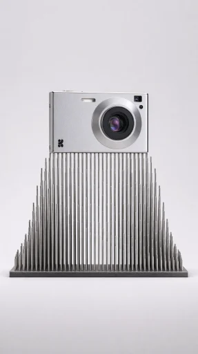 Silver camera on a ribbed plinth