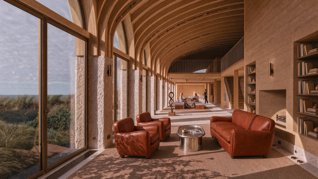 Coastal suite interior with timber ceiling