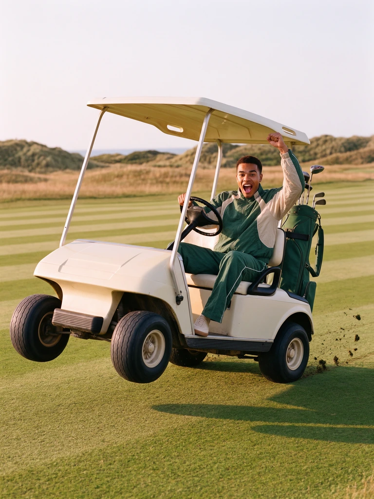 Man in a green tracksuit driving a golf cart