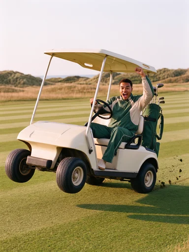 Man in a green tracksuit driving a golf cart