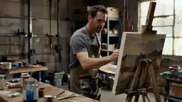 A man painting in his garage, muted tones, high quality shot.