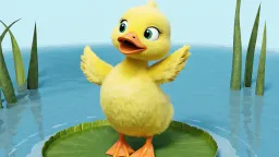 3D render animation, a cute duckling character does a dance routine on a lilypad, in the style of modern 3D children's animated movies.