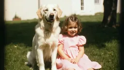 A five-year-old girl in a pink dress sitting next to a golden retreiver, portrait style. Best friends. Outdoor scene, green grass, tree casting shadow. Super 8 film stock, archival footage.