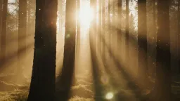 A slowly moving shot capturing golden hour sunlight filtering through forest trees with visible god rays and atmospheric particles, shot during the 20-minute window of optimal magic hour light. Use a gimbal or slider to move slowly through the trees, either pushing forward or drifting laterally, allowing the light to shift and play across the frame. Add atmospheric haze if needed to make light beams visible. Shoot at 60fps for dreamy slow motion. Frame to show tree trunks in silhouette with bright, warm light streaming between them. Use a lens that handles flare gracefully and embrace natural lens flare.