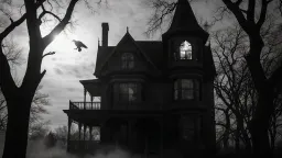 Film clip from horror movie, 2017: a decrepit Victorian mansion stands silhouetted against a turbulent night sky, bare trees swaying in the foreground. Begin on a locked-off extreme wide shot, then slowly push in over 10 seconds, moving through the gnarled branches toward an illuminated second-floor window. Use practical moonlight simulation (hard key from camera left at 45°) with deep shadows. The composition should feel oppressive and claustrophobic despite the wide framing. Include atmospheric elements like fog at ground level and a raven or bat crossing frame. Shoot in high-contrast black and white or desaturate in post, crushing blacks and preserving only the essential highlights.