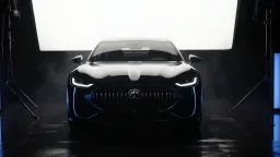 Luxury Automobile - Cinematic Reveal - A sleek, black sports sedan emerges from darkness. Pull back slowly with a crane or jib to reveal the vehicle's sculptural curves. The car sits on a wet, reflective black surface in a minimal studio environment, lit with a single large soft box from above and slightly behind, creating elegant highlights along the body lines and hood. Position rim lights (hard sources with blue gels) on both sides to define the silhouette against the dark background. Grade with deep, crushed blacks and pristine highlights, emphasizing the premium craftsmanship. The shot should feel aspirational, powerful, and meticulously crafted.