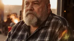 Documentary, naturalistic shot. An old grizzled mechanic, somewhat overweight, wearing a plaid shirt, sits outside a garage at sunset, the warm light illuminating his face and beard. He's lost in contemplation. In the background we see sparks from welding. Slice of Americana documentary, New Mexico. Shallow depth of field, hard shadows.