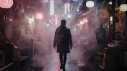 A fluid tracking shot following a lone figure walking through a rain-soaked dystopian street market at night, shot on Steadicam. The environment is be dense with neon lights (pinks, blues, purples), steam rising from grates, and hanging lanterns. The subject should be slightly underexposed, mysterious, with only rim lighting defining their silhouette.