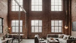Architectural video, the camera pushes through a beautiful warehouse conversion, red brick walls, huge windows, open plan living space, industrial touches, comfortable furniture, showcasing stylish interior design and aspirational modern living.