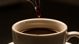 Extreme macro shot of espresso pouring into a ceramic cup in slow motion, thick golden crema swirling and folding on the surface, steam rising against a dark background, shallow depth of field, warm studio lighting, ASMR-style sound of liquid hitting liquid.