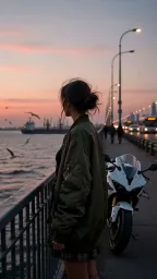 A young woman stands at the railing of a bustling bridge at sunset, gazing out over the water next to her parked motorcycle. She wears an oversized olive-green bomber jacket draped loosely over a black top and plaid skirt, her dark hair pulled into a messy bun catching the coastal breeze. Cinematic sunset lighting casts warm rosy highlights against deep shadows with a shallow depth of field.