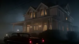 A pale pink Victorian house stands in dense night fog, glowing with warm light from curtained windows. Slow dolly forward along the front path, volumetric fog catching the glow, cool moonlit rim light playing against the warm interiors. Distant wind chimes and muffled night ambience rise gently as the camera approaches the porch.