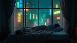 A person sleeps in a bed facing a large window overlooking a vibrant neon-lit cityscape at night. The camera drifts slowly from over the bed toward the glass, city lights pulsing softly across the sheets. Rain streaks the window; distant traffic and a low synth hum give the scene a calm, cyberpunk mood.