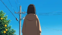 A young woman with windswept dark hair and an oversized brown hoodie glances backward over her shoulder. Striking sunlight cuts across her face in golden-hour warmth, strands of hair lifting in the wind. Slow push-in on a handheld 35mm frame, shallow depth of field, subtle film grain. Ambient street noise and a soft gust of wind synchronized with the hair movement.