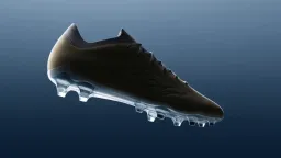 Floating modern soccer cleat with a beige textured upper and a translucent sole plate with traction studs, clean white studio background. The cleat rotates slowly in zero gravity while macro details resolve: stitching, texture grain, light refracting through the sole. Orbiting camera ends in a snap to a centered hero frame, punctuated by a clean whoosh and a click on the lock-in.