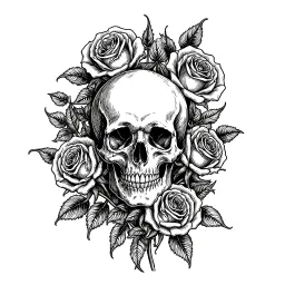 Skull and roses gothic design, detailed line art style, black and white