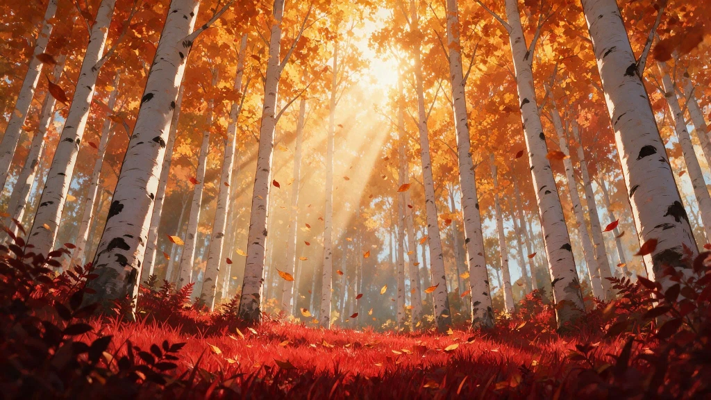 stylized autumn birch forest, tall slender white trunks with black markings, vibrant crimson grass on the forest floor, glowing golden orange canopy, diagonal sunbeams piercing through trees, falling leaves, warm cinematic lighting, 2D digital animation background art, low angle perspective, rich crimson and gold color palette, dark foreground foliage