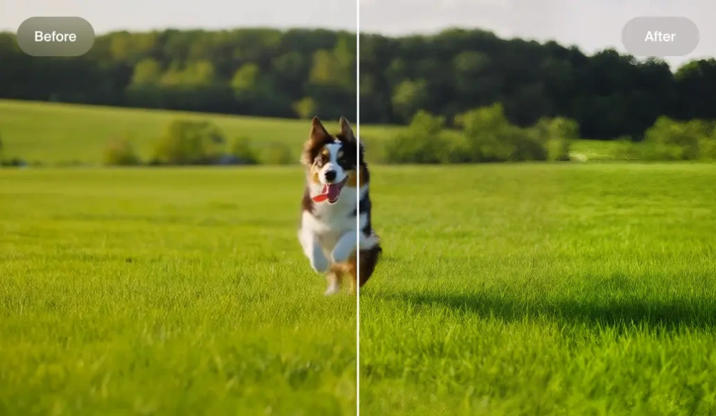AI video upscaling interface showing low-resolution footage being upscaled to crisp 4K quality