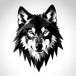 Bold geometric wolf head, minimalist line art style, black and white