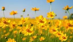 A field of yellow flowers blowing in the wind under clear blue skies, low tracking shot through the stems, petals trembling in the gusts, bright natural sunlight and soft lens bloom.