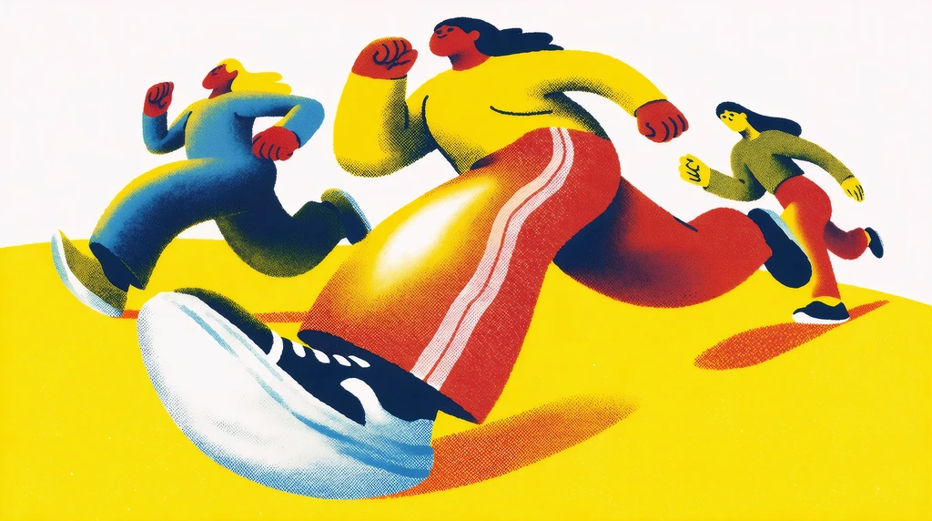 People running. extremely exaggerated wide camera angle, exaggerated shapes. risograph poster. graphic illustration. dynamic composition.