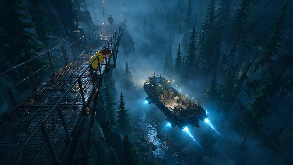 young boy in yellow raincoat peering down from a steep metal catwalk, glowing hover-barge passing below through a foggy canyon, bright blue thrusters cutting through dark shadows, high-angle cinematic night perspective, cel-shaded style