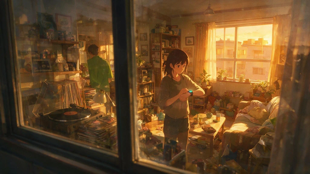 young woman checking glowing smartwatch, cluttered apartment interior, man in green shirt facing away in background, anime style, viewed through window glass, reflection of record player, warm sunset lighting, detailed everyday objects, cinematic framing